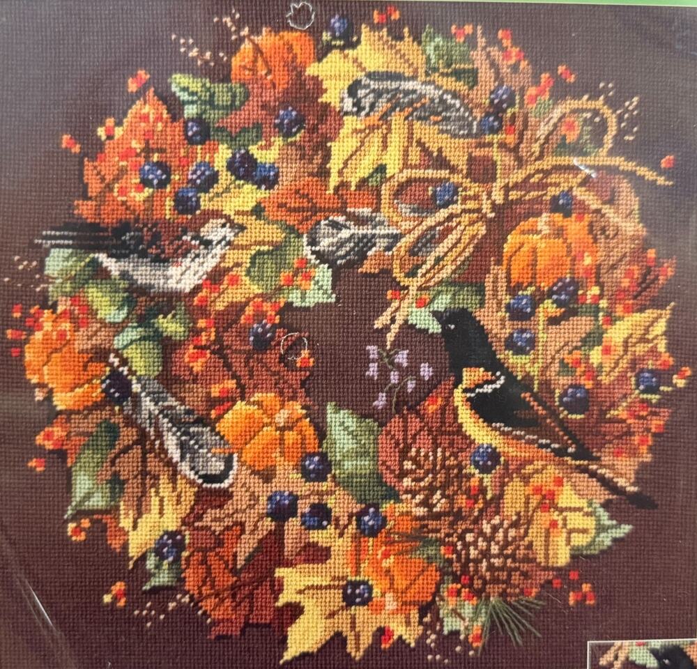 Janlynn Fall Wreath Needlepoint Kit 023-0251 Autumn Leaves Birds NIP Vintage NOS